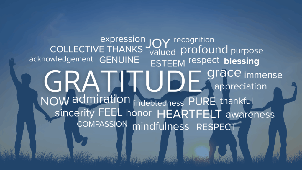 Silhouettes of people holding hands beneath a word cloud of gratitude words, symbolizing community appreciation for Believe in Me grantees.