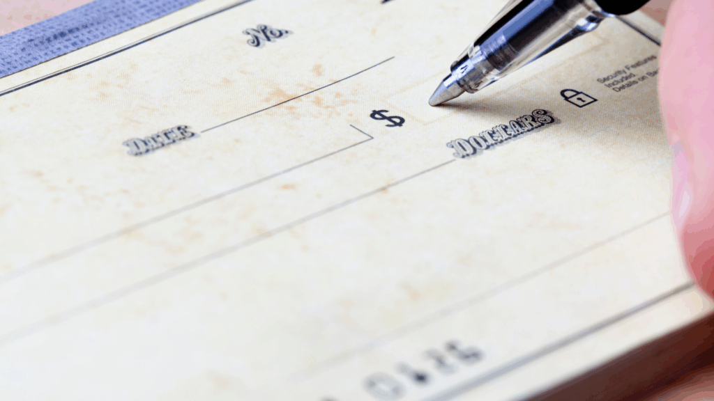 Close-up of a hand writing a check, representing charitable donations and financial giving on National Philanthropy Day.