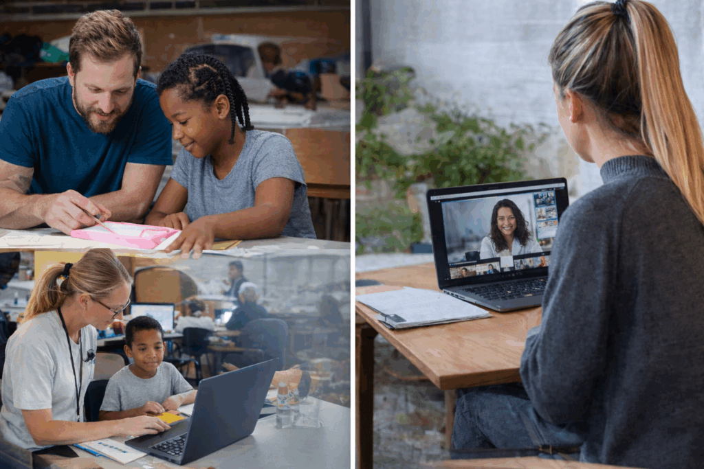 Volunteers mentoring children in educational settings, including in-person learning support and remote video mentoring, representing youth empowerment and education equity.