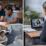 Volunteers mentoring children in educational settings, including in-person learning support and remote video mentoring, representing youth empowerment and education equity.