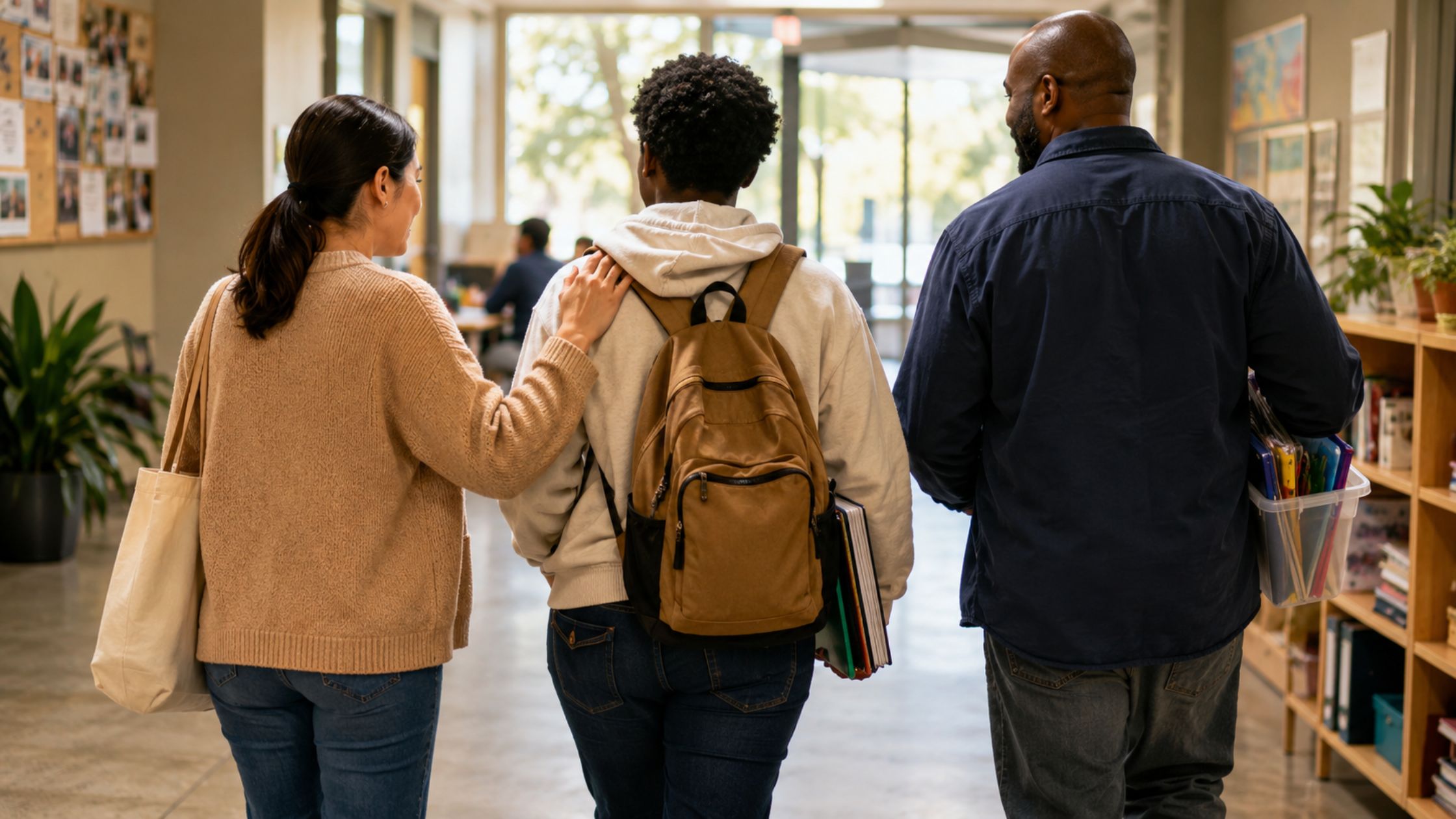 Supporters walk together through a bright community space with school and enrichment supplies.