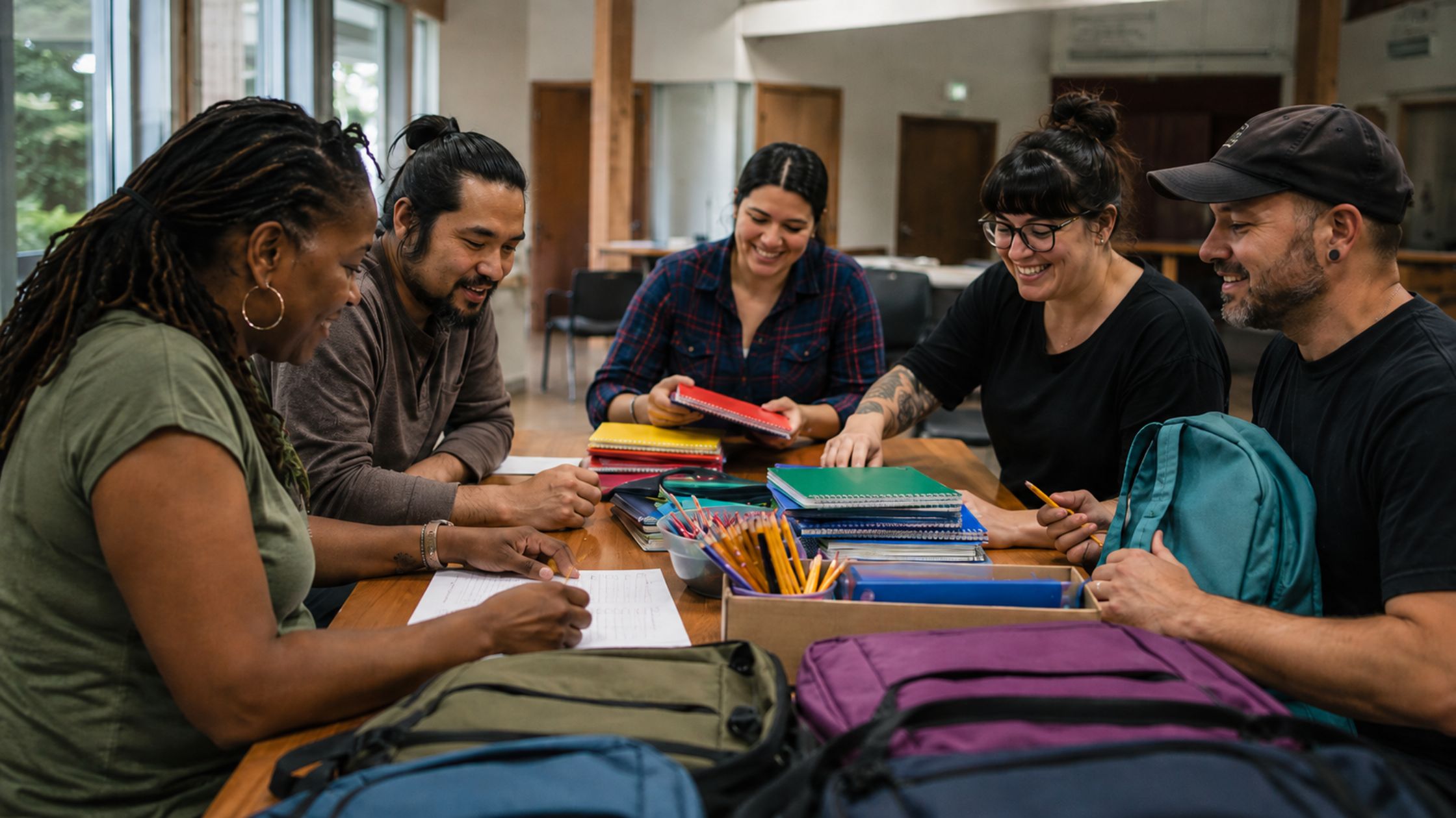 Adults review a support checklist with backpacks and school supplies on a community table.