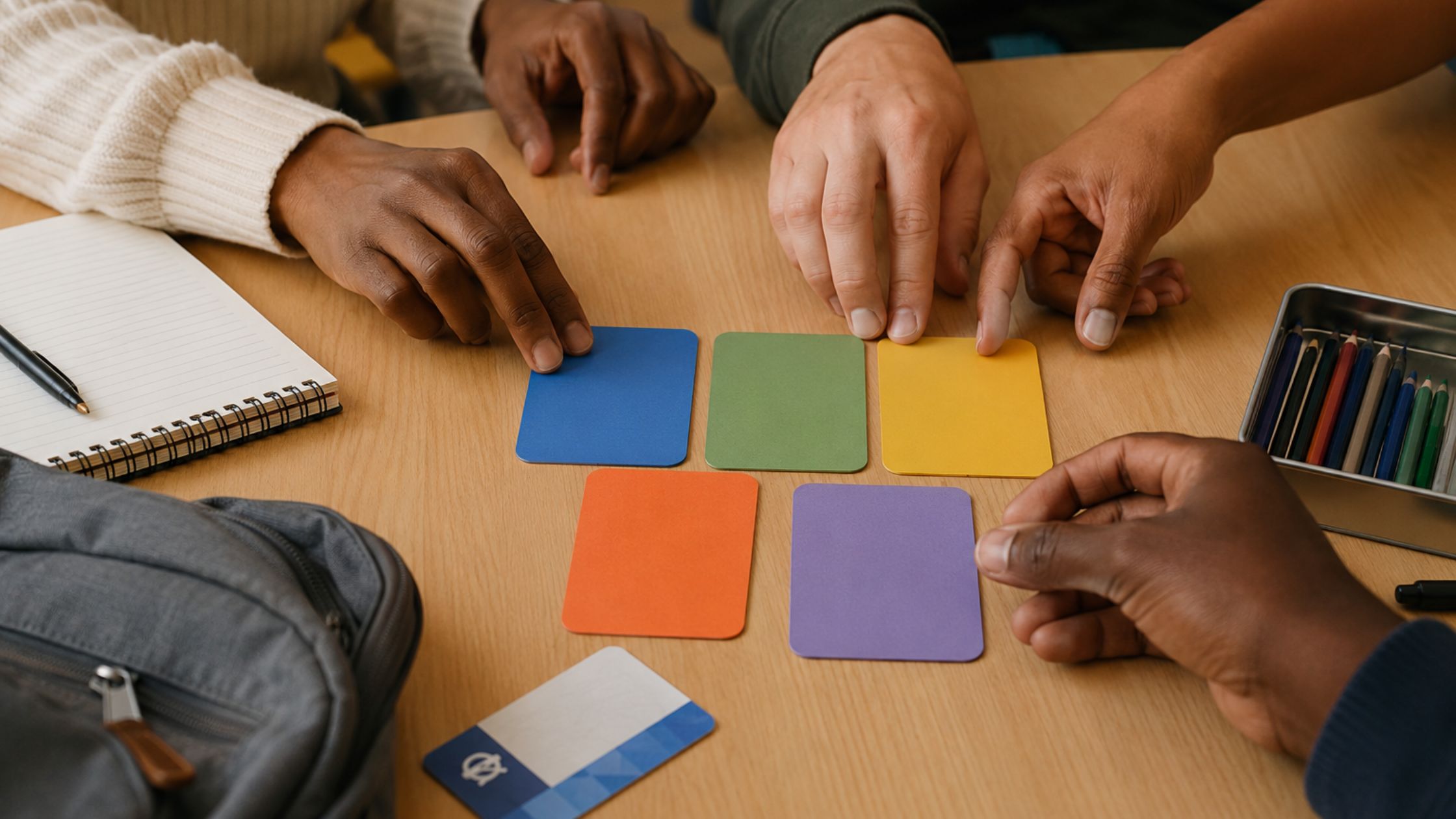 Hands organize support items such as a notebook, transit pass, backpack, and art supplies.