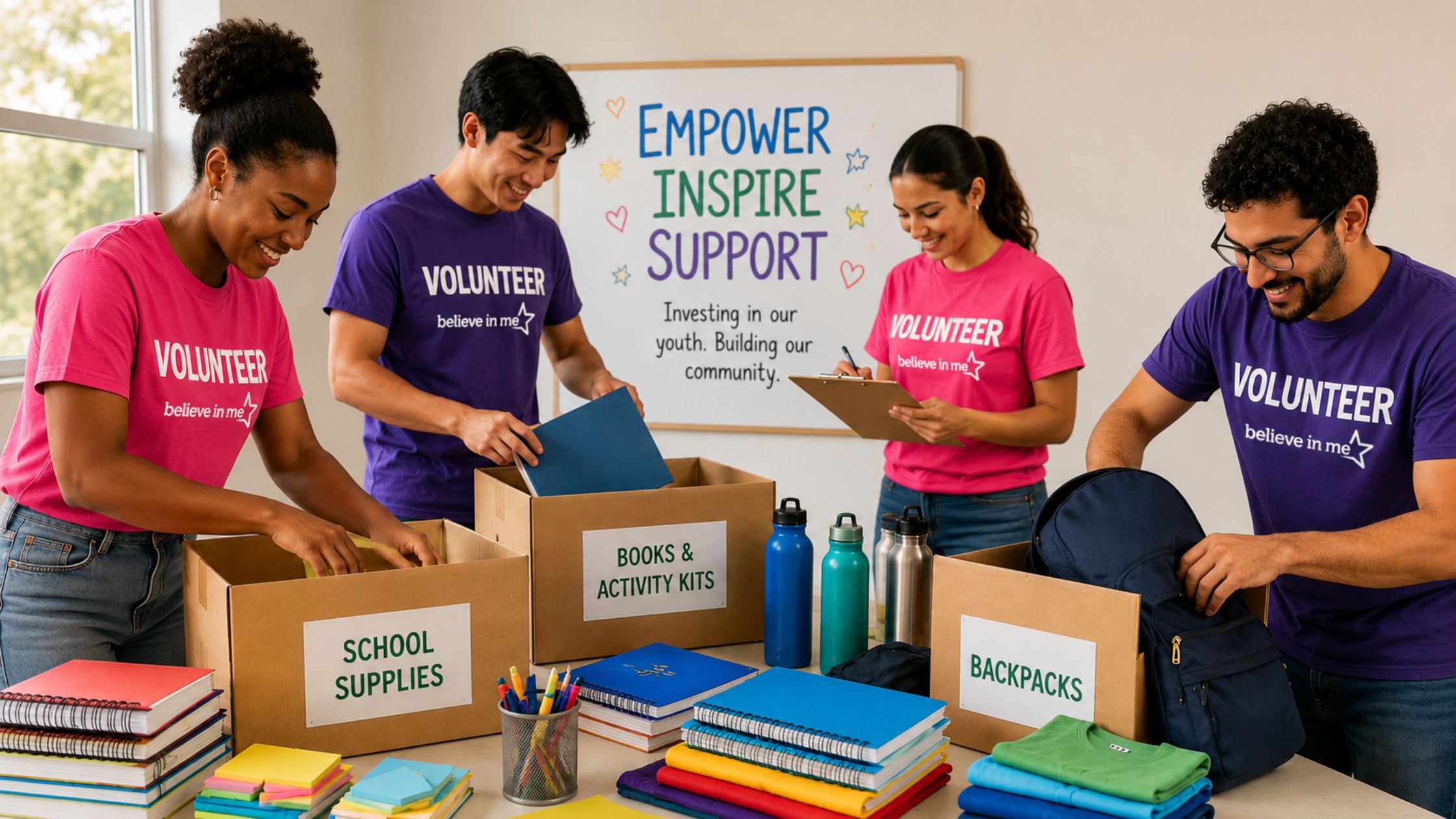 Volunteers packing school supplies, books, backpacks, and activity kits for young people.