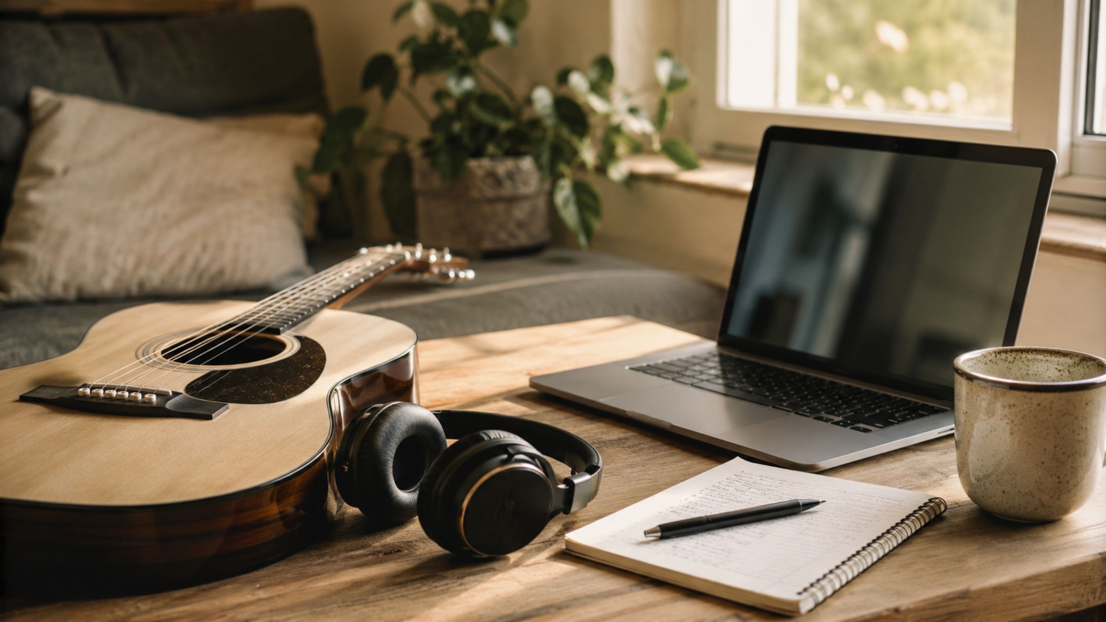 A guitar, headphones, and notebook sit beside a laptop ready for a music session.