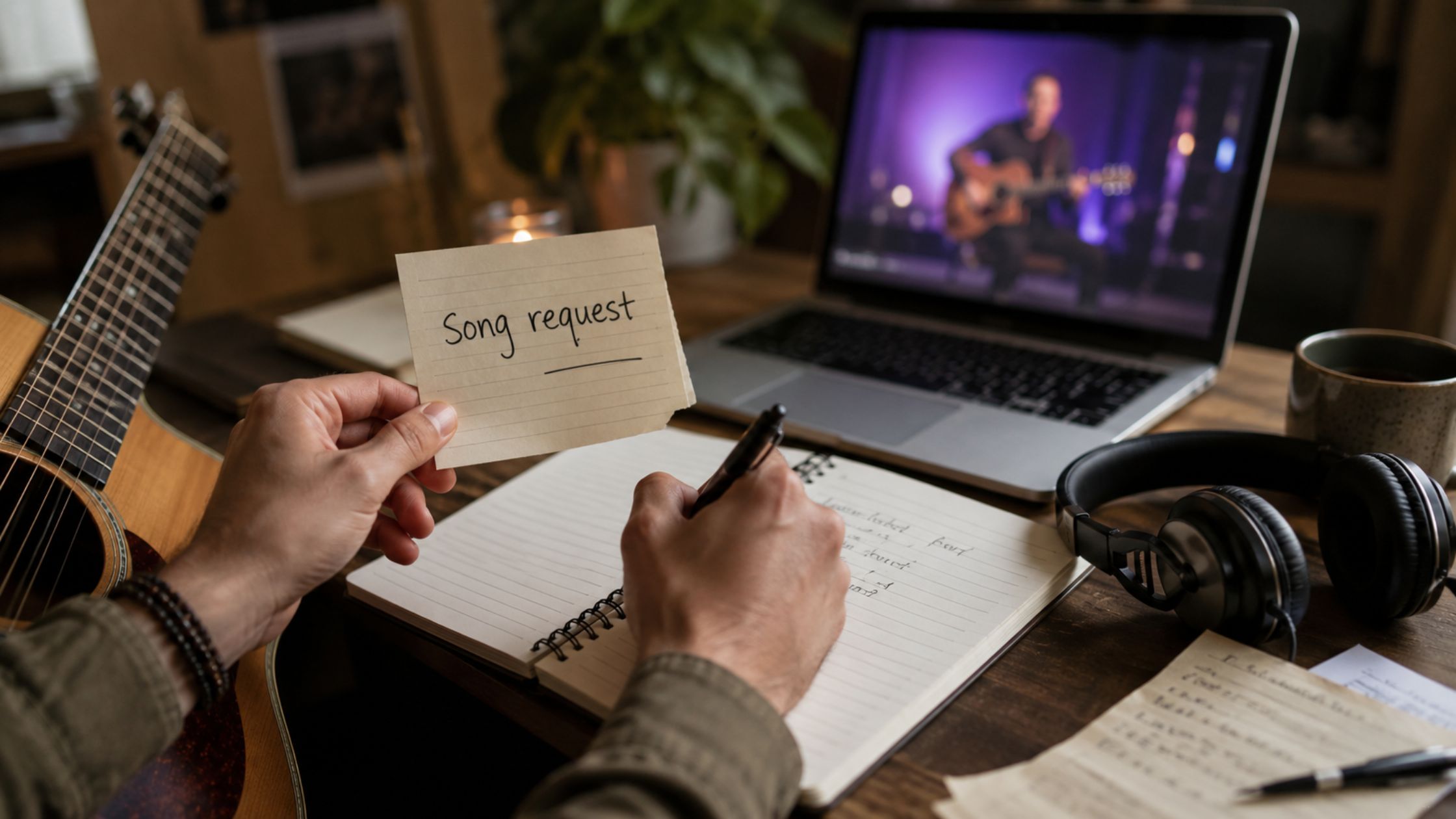 A musician prepares a personalized song request for a young listener.