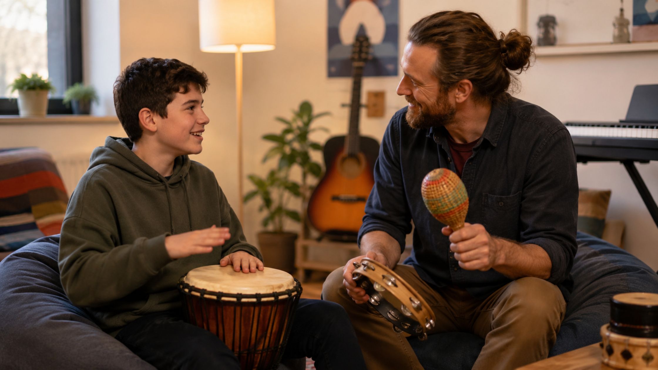 A young person and music professional use rhythm instruments during a music therapy for youth session.