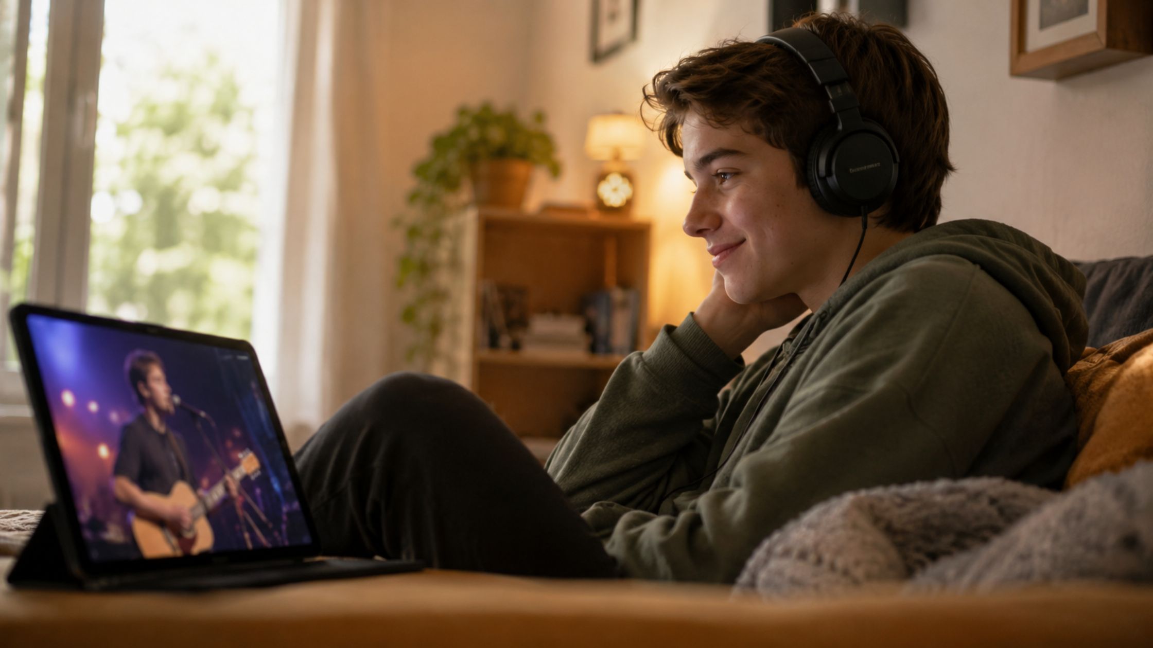 A young person listens to a livestreamed music performance at home.