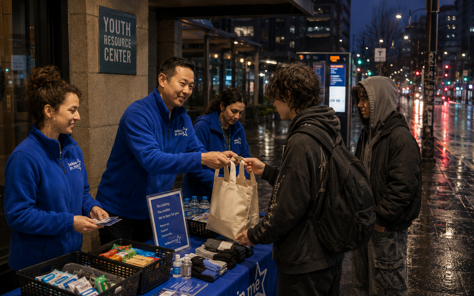 A rainy Seattle evening scene representing a youth resource connection
