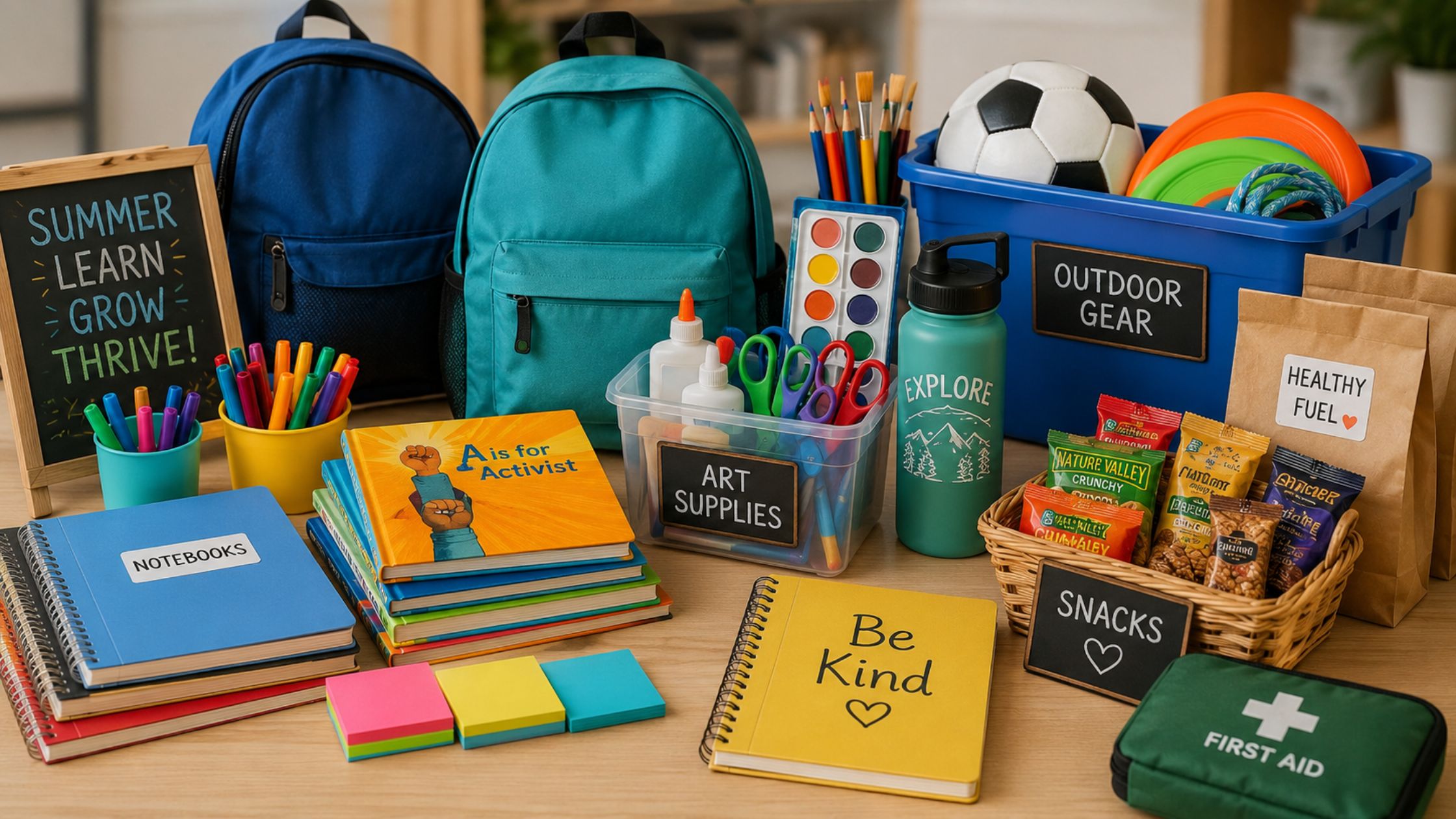 Backpacks, books, art supplies, snacks, and outdoor gear arranged for summer youth programs.