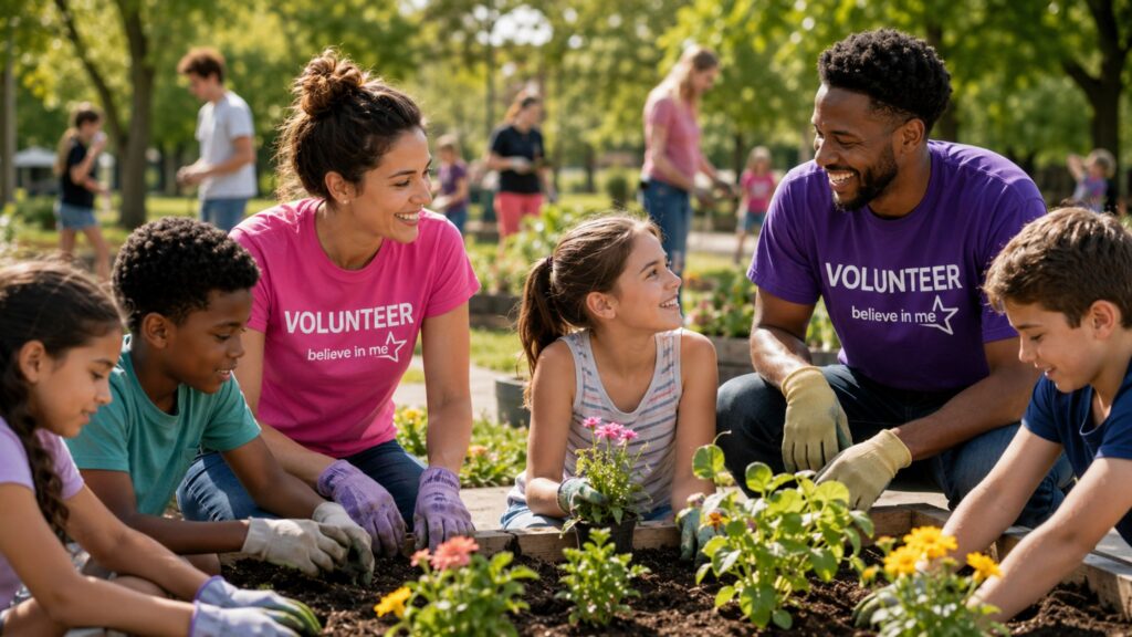 Volunteers and young people planting flowers together in a sunny community garden.
