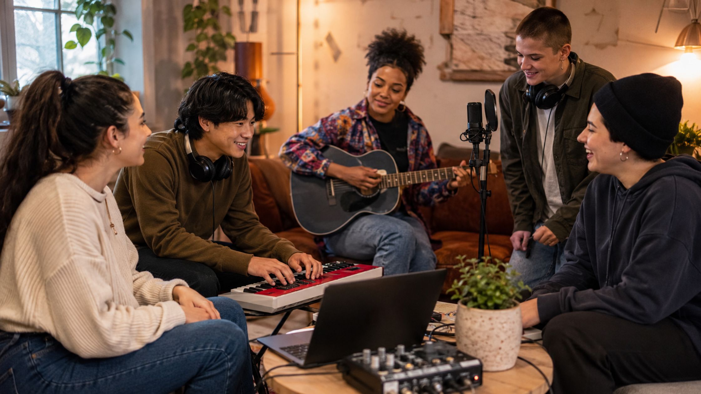 Young people gather around music equipment in a creative community space.