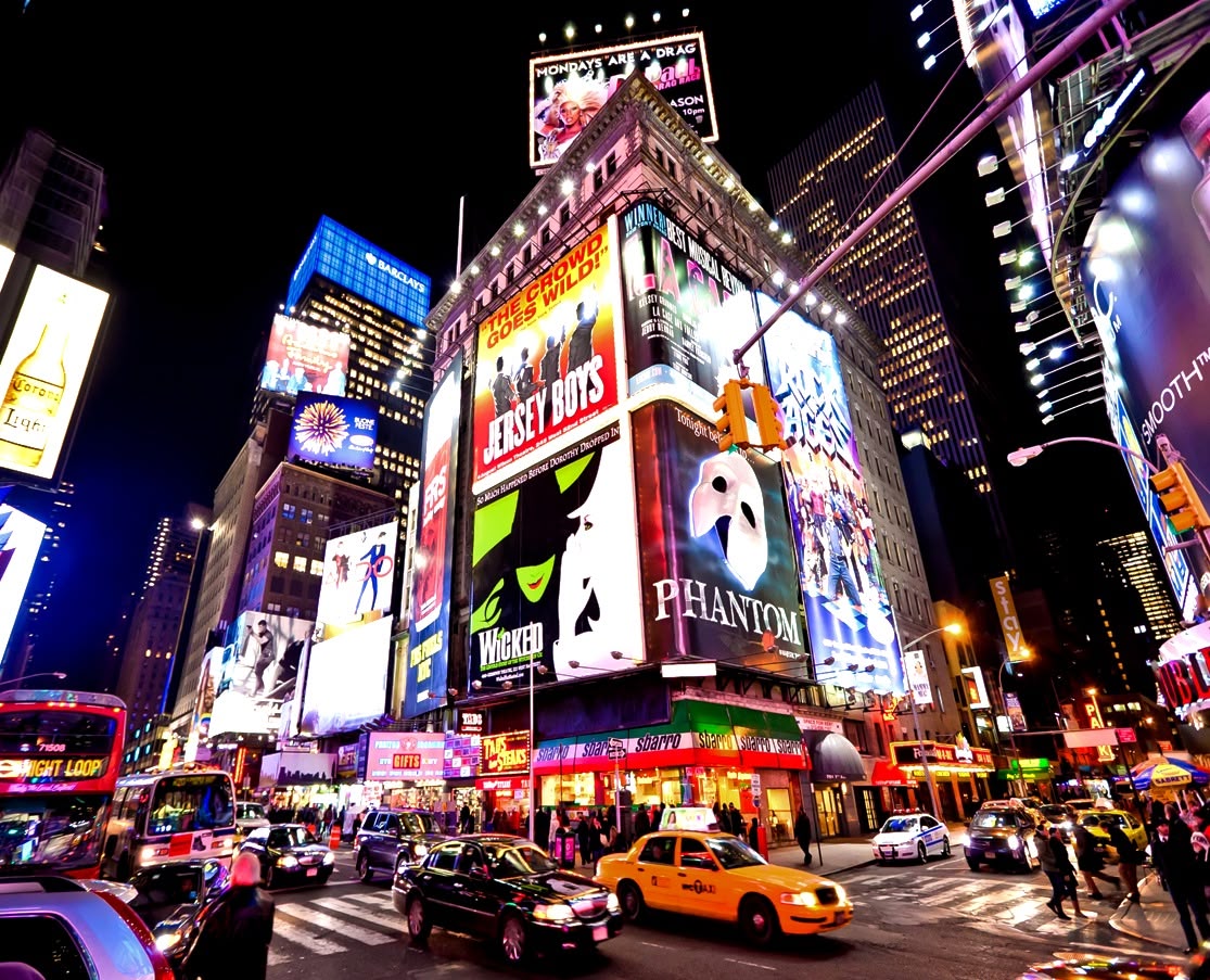 Times Square illuminated at night in New York City