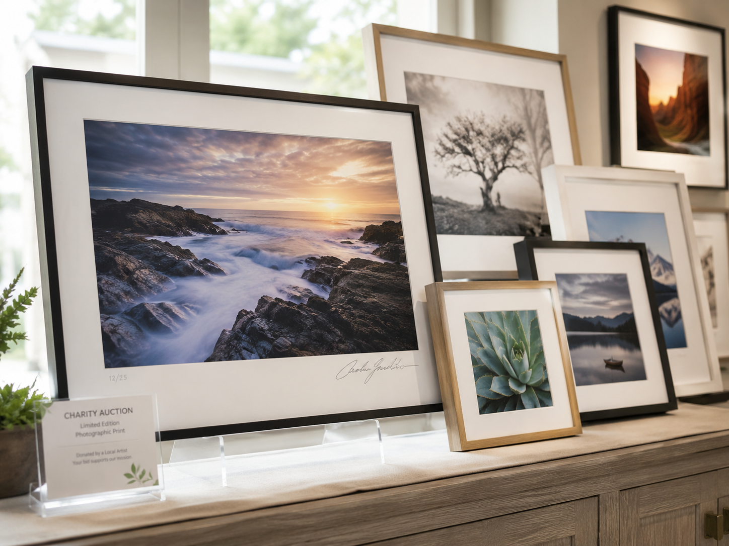 Framed limited edition photographic prints representing auction-ready fine arts donations