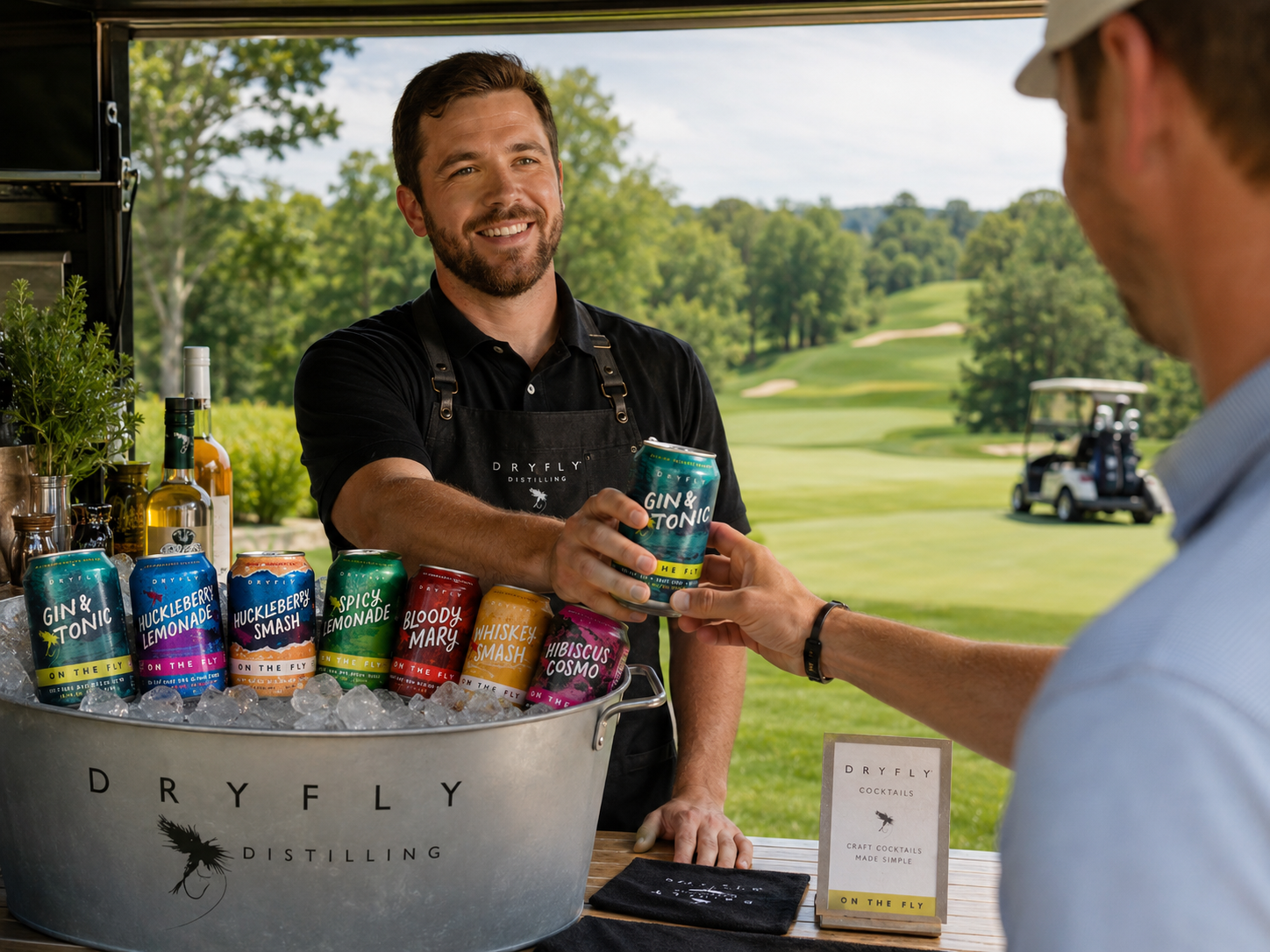 Ready-to-drink canned beverages served near a golf course