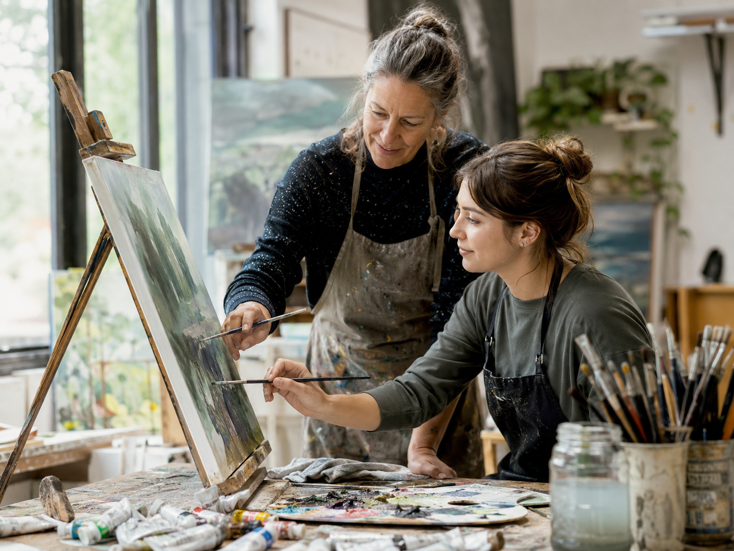 Artist teaching a painting lesson representing private creative workshops and studio experiences