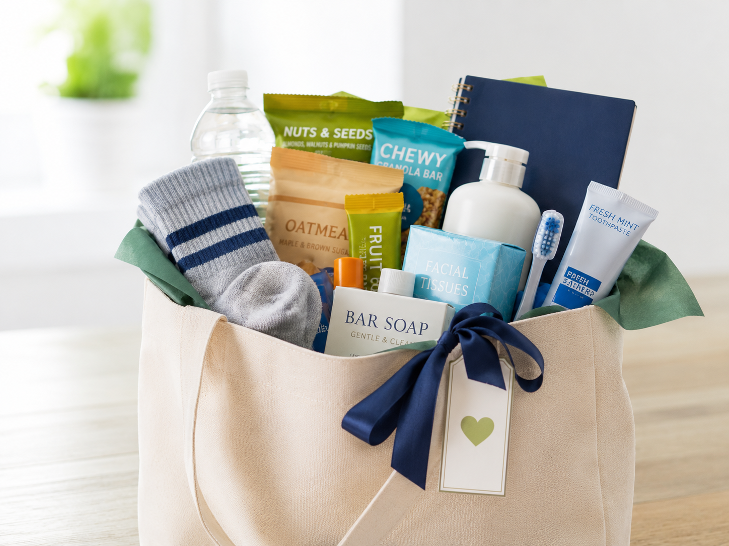 Goody bag essentials arranged for an in-kind donation package