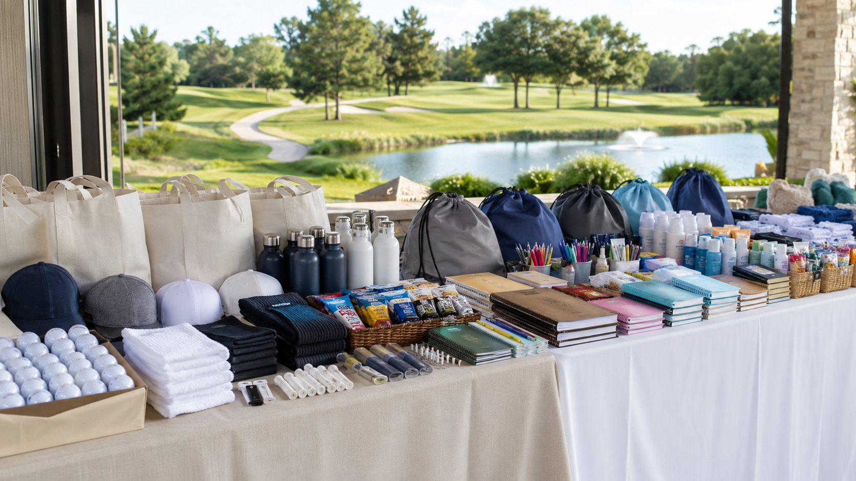 Assorted branded golf course items for tournament goody bags