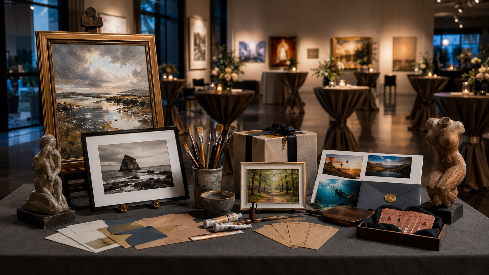 Gallery display with paintings, sculpture, photography, and collector items representing donated original fine art