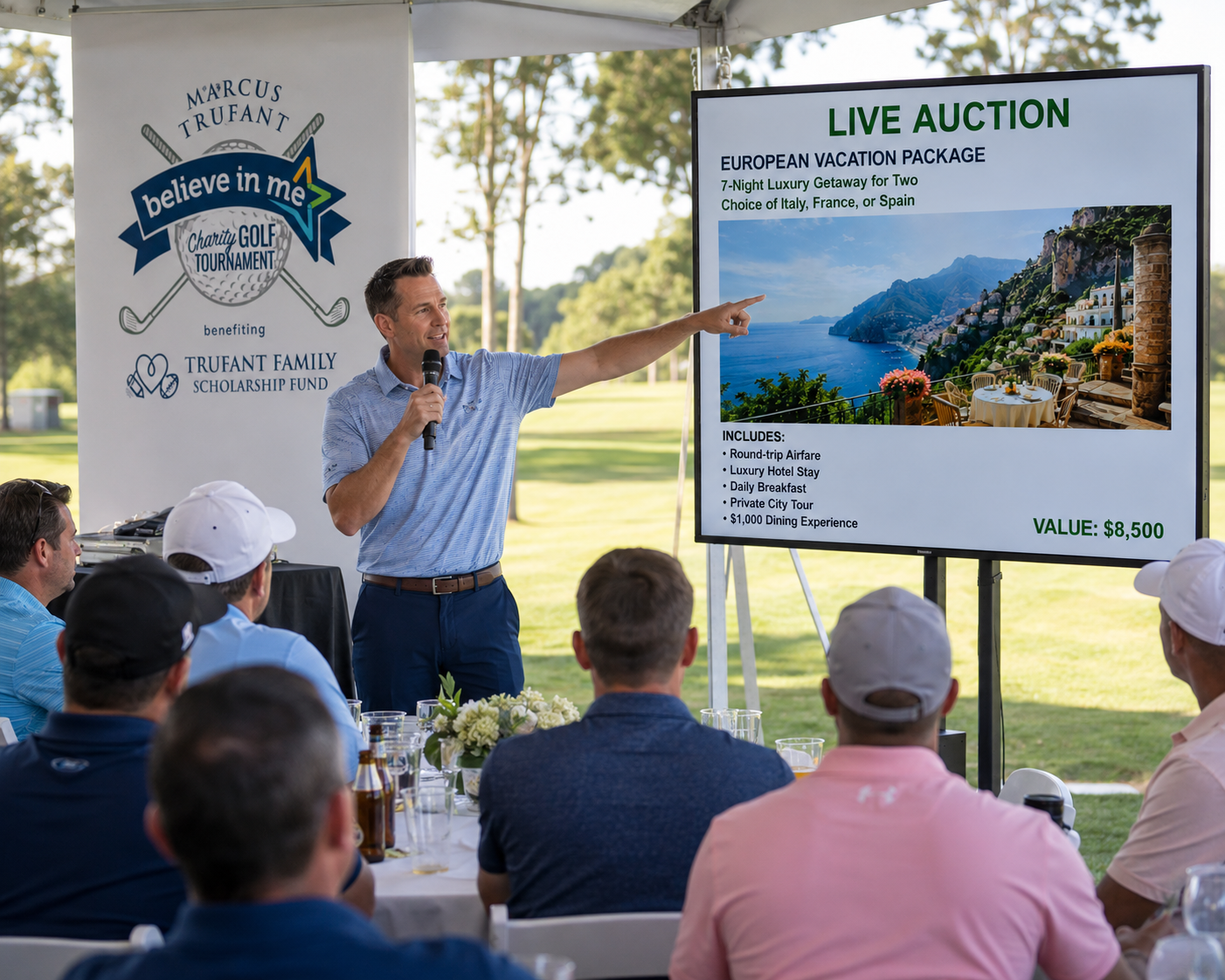 Auctioneer presenting a vacation package at a Believe in Me charity golf event