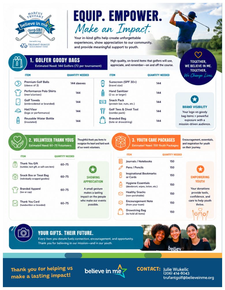 Preview of the Marcus Trufant Charity Golf Tournament goody bag donation guide