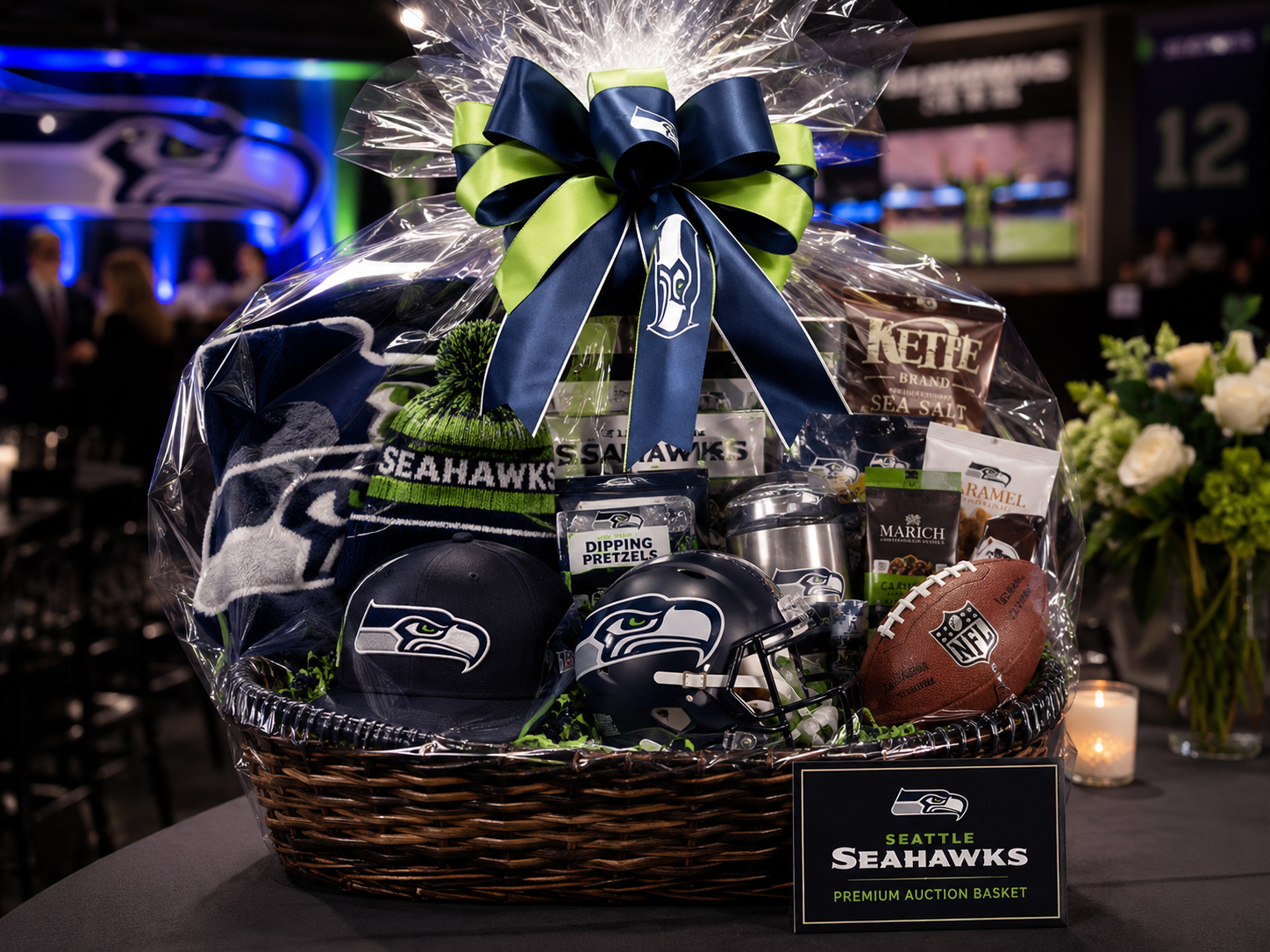 Premium Seahawks fan auction basket representing high-value event ticket and fan experience donations