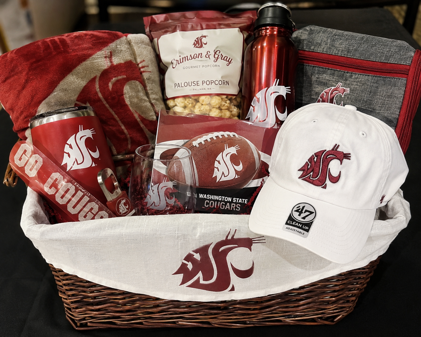 Washington State Cougars gift basket representing a complete sports fan auction package