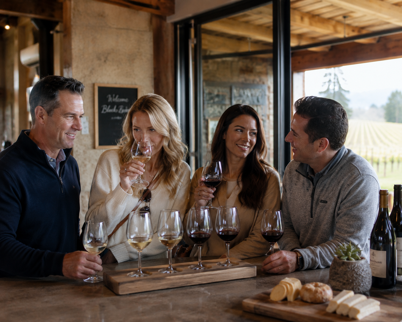 Wine tasting table with red and white wine, cheese, crackers, and guests