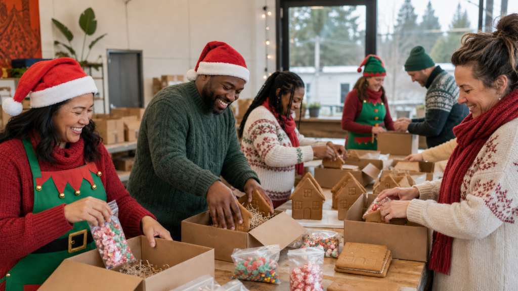 Adult volunteers in holiday apparel, Santa hats, and elf aprons pack gingerbread house kits.