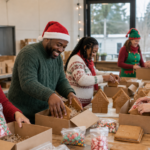 Adult volunteers in holiday apparel, Santa hats, and elf aprons pack gingerbread house kits.