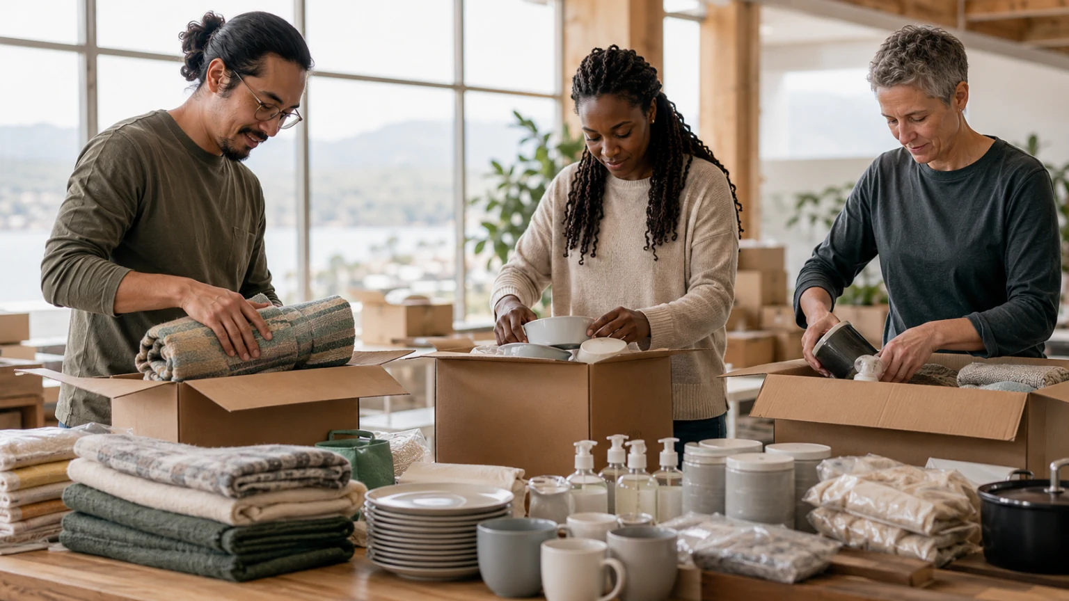 Three adults assembling practical household welcome kits for the Believe in Me A Place to Call Home Partner and Kit Logistics opportunity.