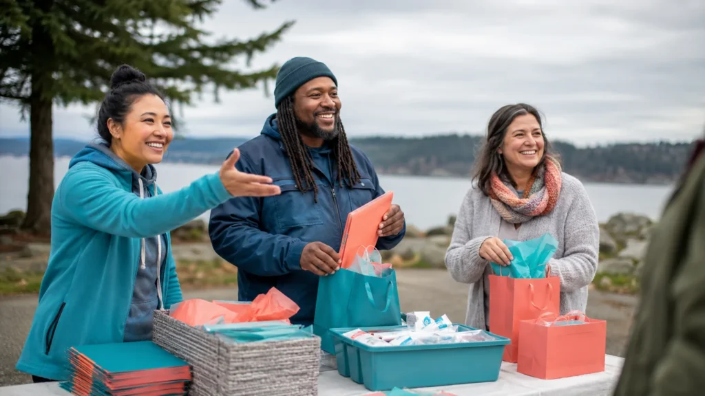 Three diverse adult volunteers assembling enrichment kits at an outdoor community table for Believe in Me.