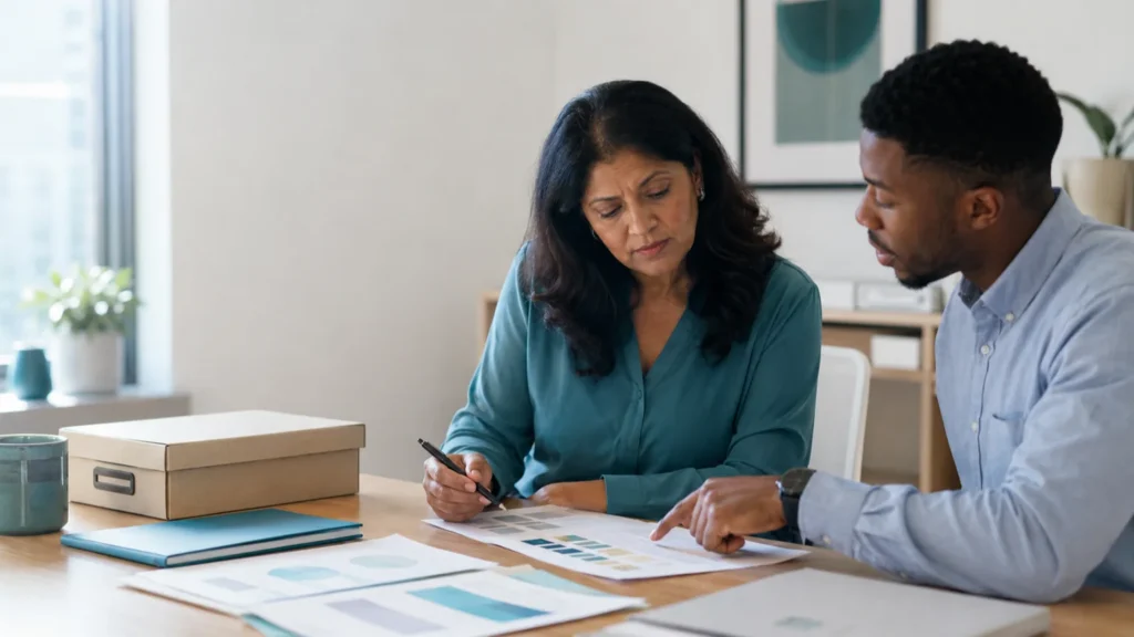 Two adult nonprofit professionals reviewing an abstract policy checklist for the Believe in Me Compliance Officer opportunity.