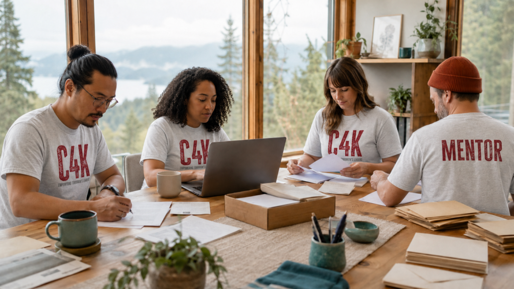 Adult Cougs 4 Kids mentors in white and heather-gray shirts reconcile event records and prepare follow-up.