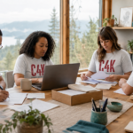Adult Cougs 4 Kids mentors in white and heather-gray shirts reconcile event records and prepare follow-up.