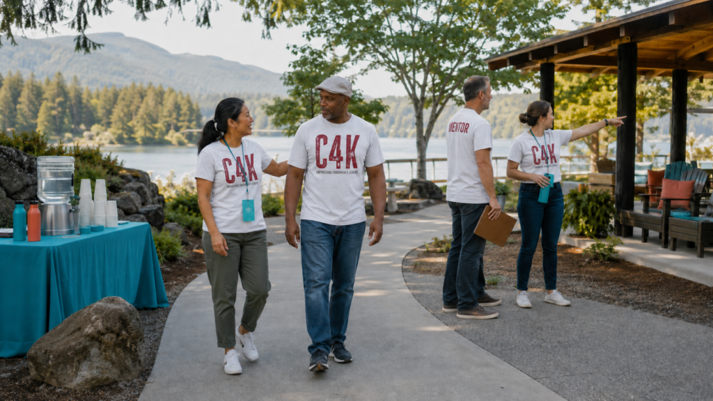 Adult Cougs 4 Kids mentors in white and heather-gray shirts provide event wayfinding and hospitality.