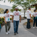 Adult Cougs 4 Kids mentors in white and heather-gray shirts provide event wayfinding and hospitality.