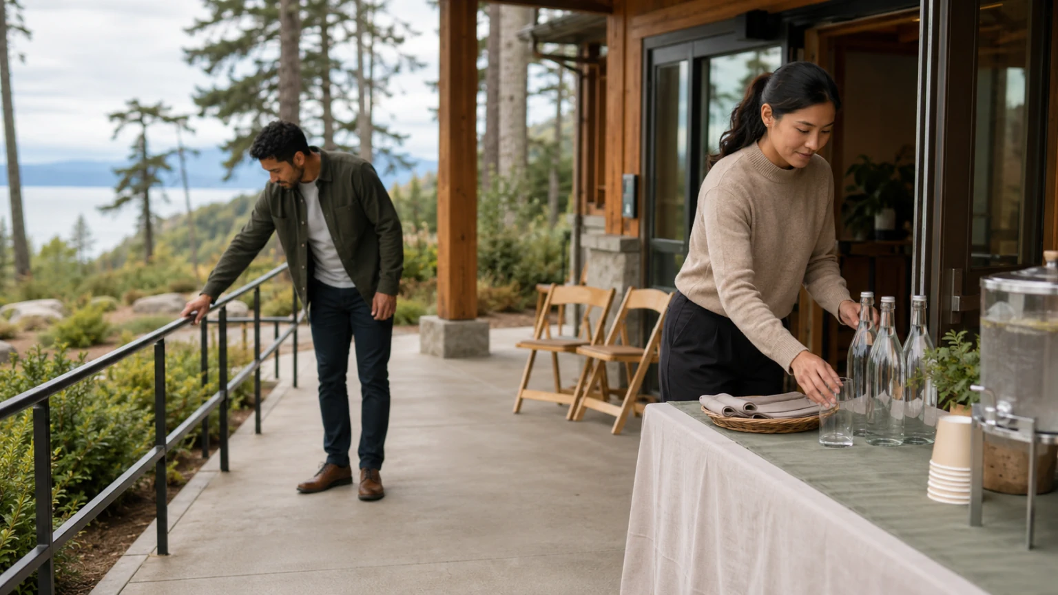 Two adults preparing an accessible event entrance and hospitality supplies for the Believe in Me Event Hospitality, Accessibility and Safety Support opportunity.