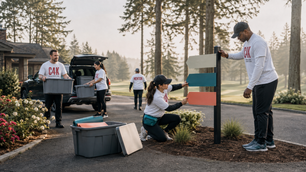Adult Cougs 4 Kids mentors in white and heather-gray shirts set up event signage and supplies.