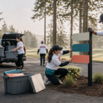 Adult Cougs 4 Kids mentors in white and heather-gray shirts set up event signage and supplies.