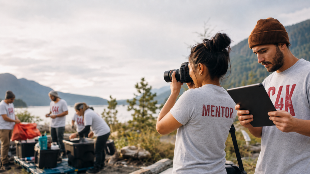 Adult Cougs 4 Kids mentors in white and heather-gray C4K shirts photograph an outdoor event.