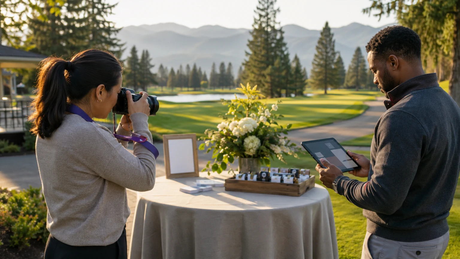 Two adults creating event photography and digital communications at a golf venue for the Believe in Me Event Marketing, Communications and Media opportunity.