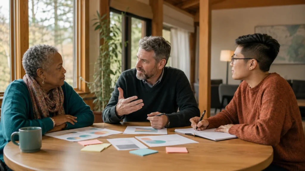 Three diverse adults collaborating around a table on nonprofit priorities for the Believe in Me Foundation Board Member opportunity.
