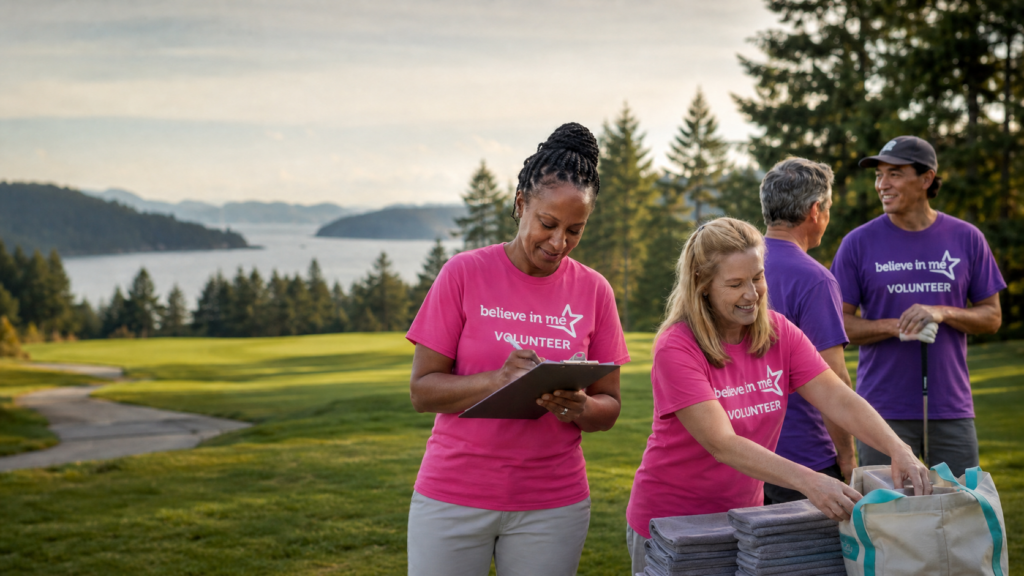Adult Believe in Me golf volunteers in purple and hot-pink shirts prepare contest and awards materials on a golf course.