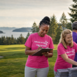 Adult Believe in Me golf volunteers in purple and hot-pink shirts prepare contest and awards materials on a golf course.