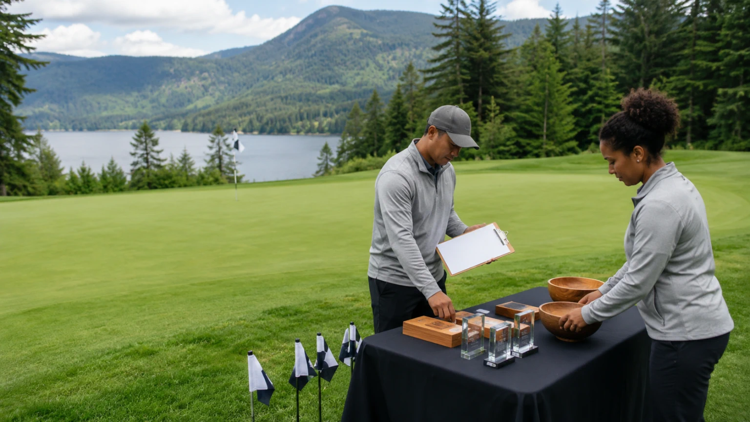 Two adults coordinating golf contest markers and awards for the Believe in Me Golf Course Operations, Contests and Awards opportunity.