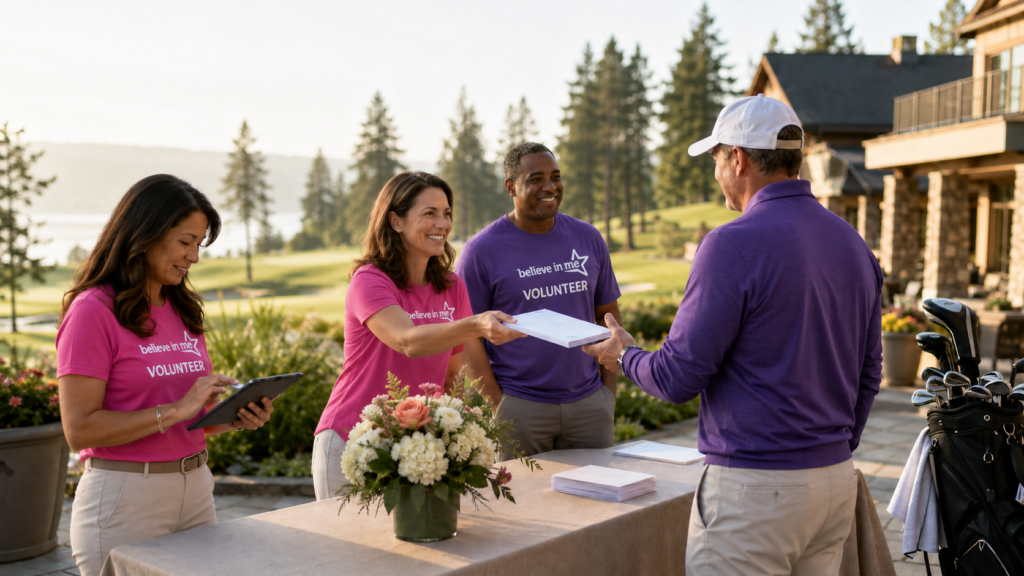 Adult Believe in Me golf volunteers in purple and hot-pink shirts assist golfers at an outdoor check-in table.