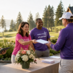 Adult Believe in Me golf volunteers in purple and hot-pink shirts assist golfers at an outdoor check-in table.