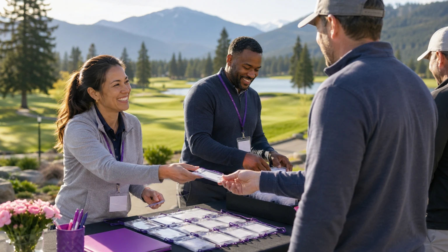 Two adult volunteers welcoming golf-event guests at an outdoor registration table for the Believe in Me Golf Registration and Guest Services opportunity.