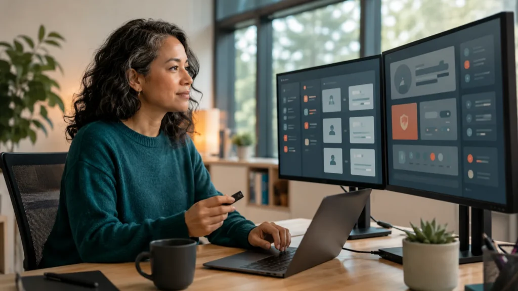 Adult nonprofit technology professional reviewing access permissions and using a security key for the Believe in Me identity and access management opportunity.